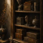Collector Reliquary Cabinet Of Miniature Sculptures And Boxes Brown Library Wall Art