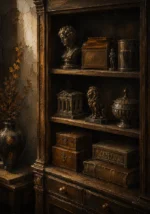 Collector Reliquary Cabinet Of Miniature Sculptures And Boxes Brown Library Wall Art