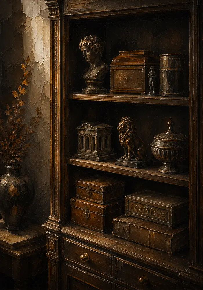 Collector Reliquary Cabinet Of Miniature Sculptures And Boxes Brown Library Wall Art