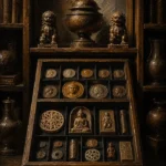 Collector Ascent Collector's Tray Of Coins And Carved Objects Brown Entryway Wall Art