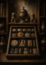 Collector Ascent Collector's Tray Of Coins And Carved Objects Brown Entryway Wall Art