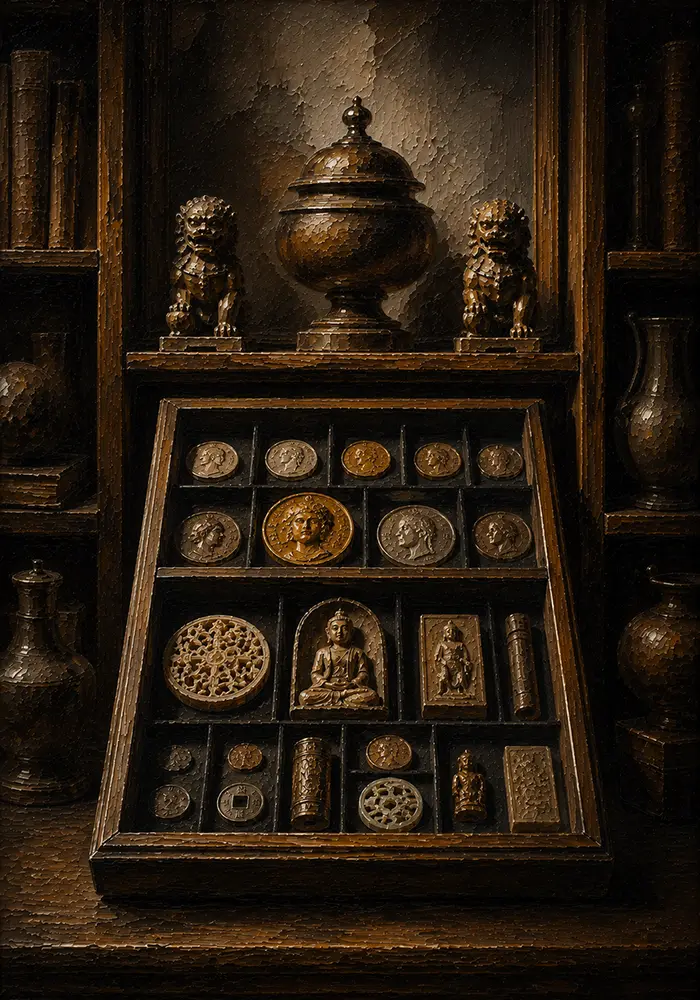 Collector Ascent Collector's Tray Of Coins And Carved Objects Brown Entryway Wall Art