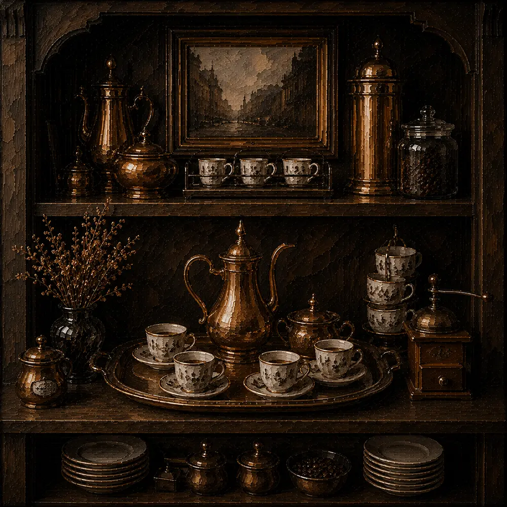 Espresso Ritual Tray With A Copper Pot And Porcelain Brown Coffee Bar Wall Art