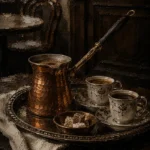 Espresso Reliquary Tray With A Copper Pot And Porcelain Brown Coffee Bar Wall Art