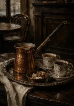 Espresso Reliquary Tray With A Copper Pot And Porcelain Brown Coffee Bar Wall Art