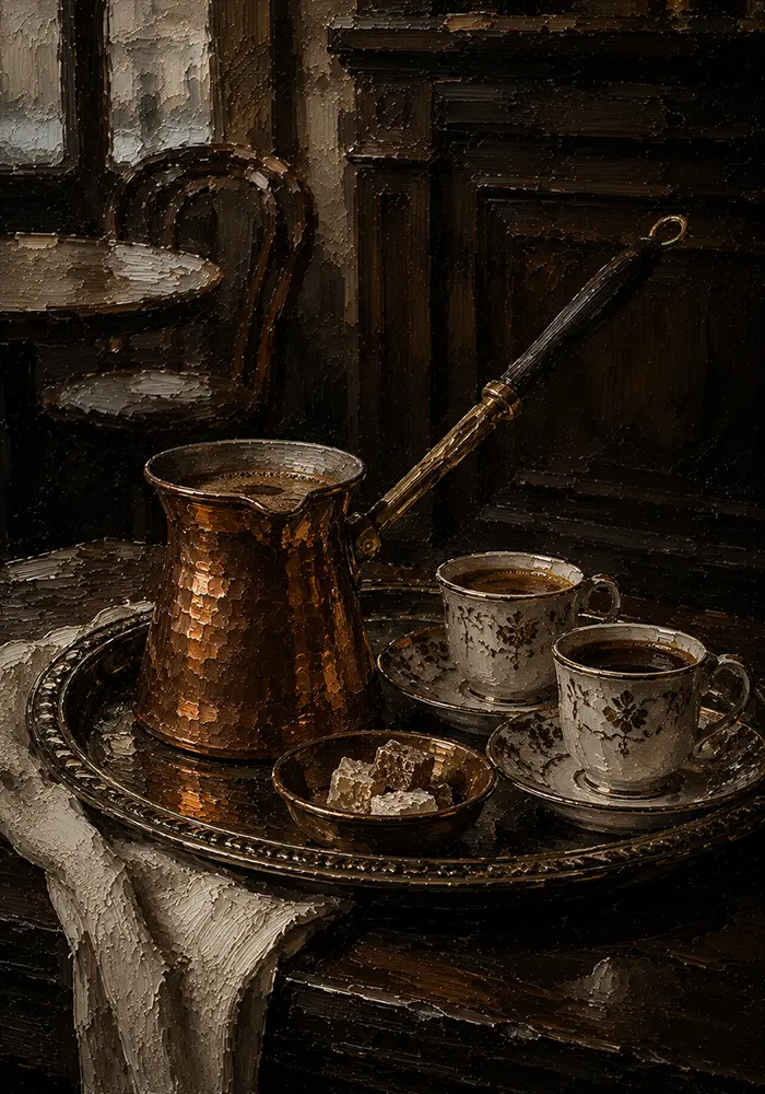Espresso Reliquary Tray With A Copper Pot And Porcelain Brown Coffee Bar Wall Art
