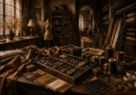 Tobacco Chronicle Tray Of Buttons, Thread, And Fabric Samples Brown Dressing Room Wall Art