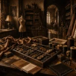 Tobacco Chronicle Tray Of Buttons, Thread, And Fabric Samples Brown Dressing Room Wall Art