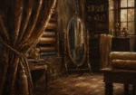 Tobacco Interlude Draped Curtain Revealing A Tailor's Mirror Brown Home Office Wall Art