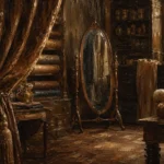Tobacco Interlude Draped Curtain Revealing A Tailor's Mirror Brown Home Office Wall Art