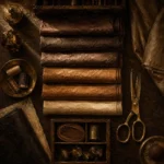 Tobacco Emblem Folded Silk Lengths Brown Living Room Wall Art