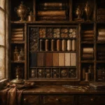 Tobacco Ritual Tray Of Buttons, Thread, And Fabric Samples Brown Dressing Room Wall Art