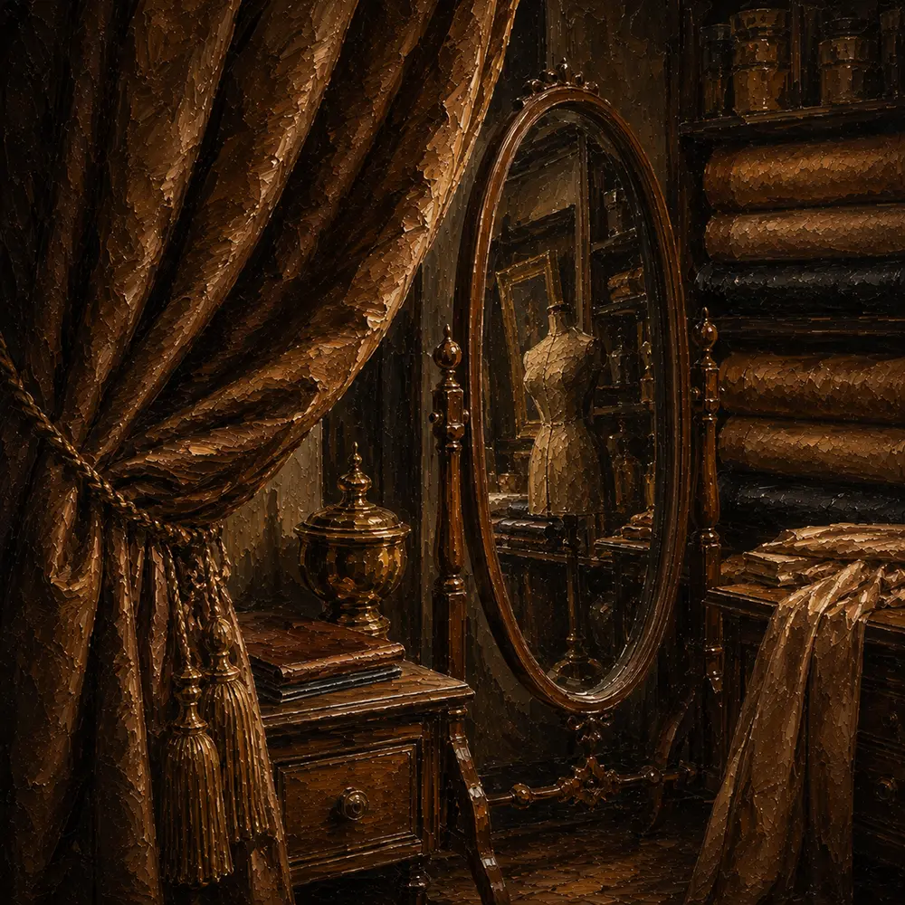 Tobacco Study Draped Curtain Revealing A Tailor's Mirror Brown Home Office Wall Art