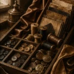 Tobacco Reliquary Tray Of Buttons, Thread, And Fabric Samples Brown Dressing Room Wall Art