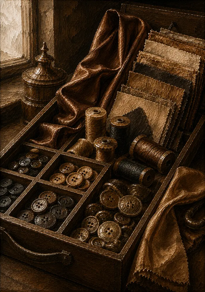 Tobacco Reliquary Tray Of Buttons, Thread, And Fabric Samples Brown Dressing Room Wall Art