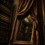 Tobacco Portrait Draped Curtain Revealing A Tailor's Mirror Brown Home Office Wall Art