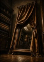 Tobacco Portrait Draped Curtain Revealing A Tailor's Mirror Brown Home Office Wall Art