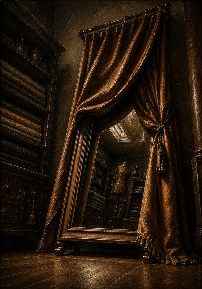 Tobacco Portrait Draped Curtain Revealing A Tailor's Mirror Brown Home Office Wall Art