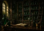 Apothecary Procession Tiered Cabinet Of Unlabeled Emerald Bottles Green Kitchen Wall Art