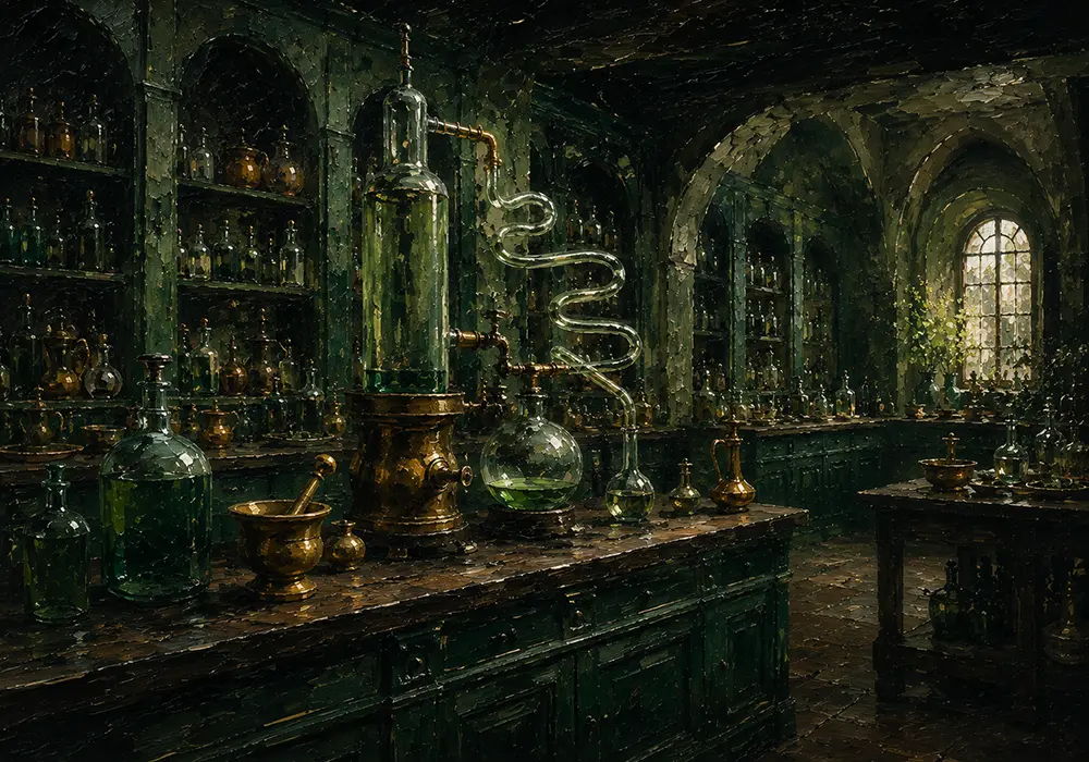 Apothecary Chronicle Tall Distillation Vessel With Curled Glass Tubing Green Home Office Wall Art