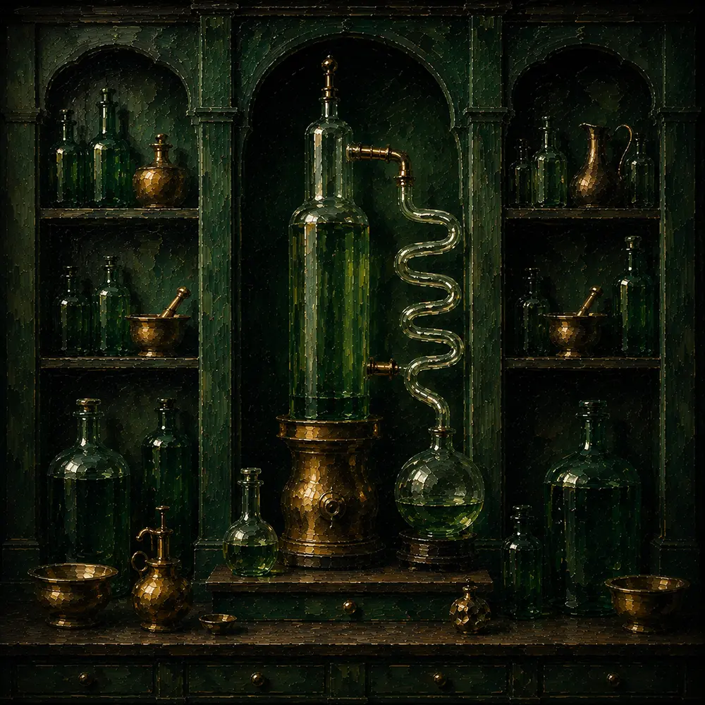 Apothecary Ritual Tall Distillation Vessel With Curled Glass Tubing Green Home Office Wall Art