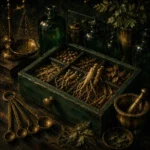 Apothecary Study Drawer Of Dried Medicinal Roots And Measuring Green Kitchen Wall Art