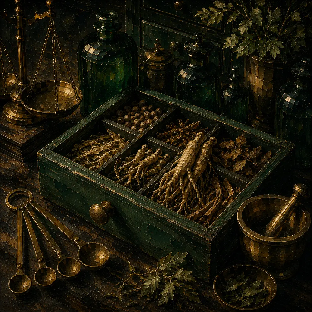 Apothecary Study Drawer Of Dried Medicinal Roots And Measuring Green Kitchen Wall Art