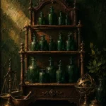 Apothecary Sentinel Tiered Cabinet Of Unlabeled Emerald Bottles Green Kitchen Wall Art