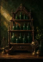 Apothecary Sentinel Tiered Cabinet Of Unlabeled Emerald Bottles Green Kitchen Wall Art
