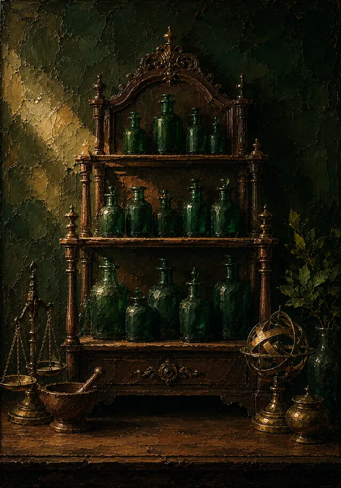 Apothecary Sentinel Tiered Cabinet Of Unlabeled Emerald Bottles Green Kitchen Wall Art