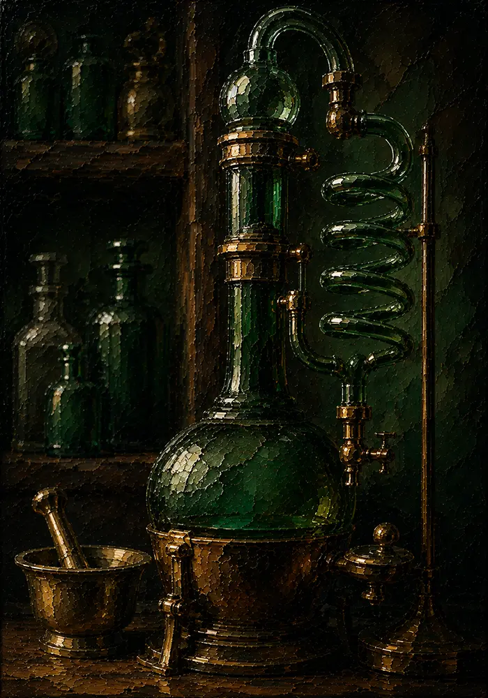 Apothecary Reliquary Tall Distillation Vessel With Curled Glass Tubing Green Home Office Wall Art
