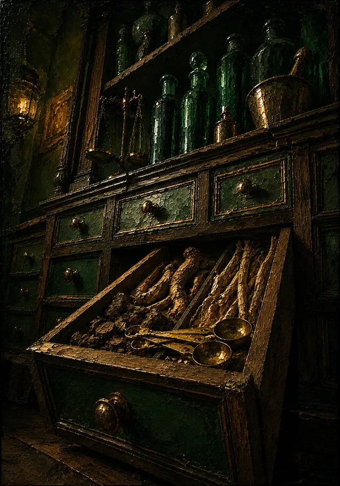 Apothecary Portrait Drawer Of Dried Medicinal Roots And Measuring Green Kitchen Wall Art