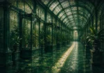 Glasshouse Chronicle Empty Tiled Aisle Lined With Glass Cabinets Green Sunroom Wall Art
