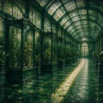 Glasshouse Chronicle Empty Tiled Aisle Lined With Glass Cabinets Green Sunroom Wall Art