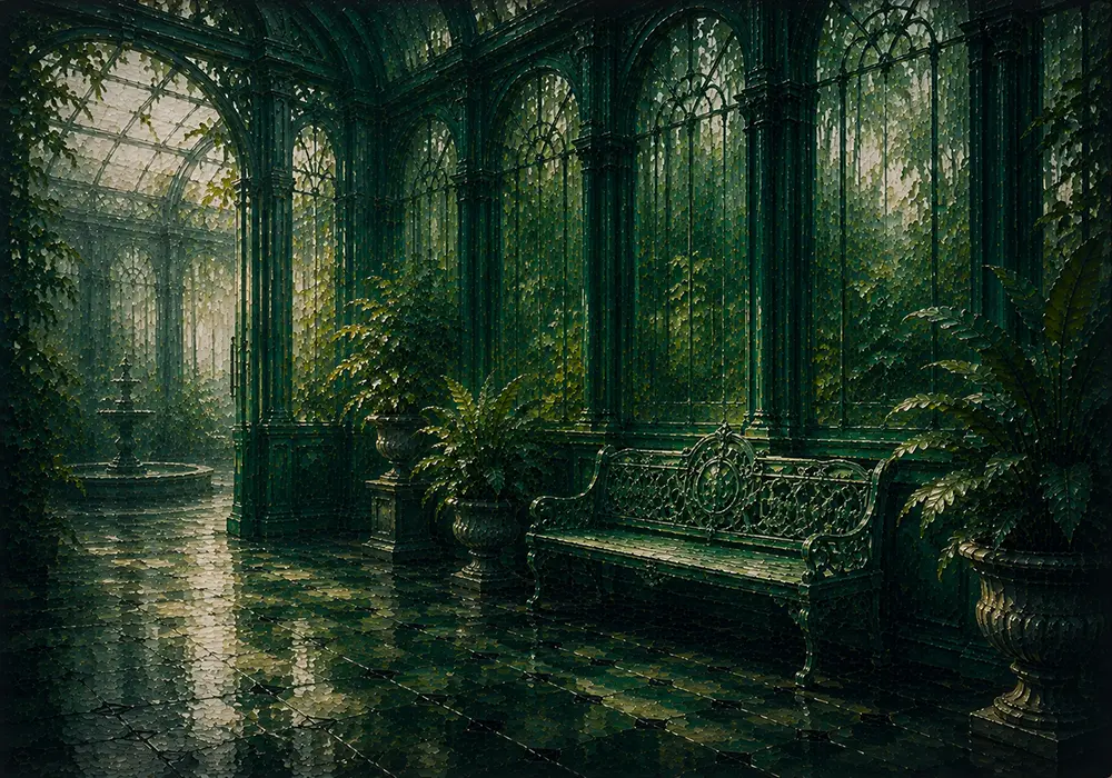 Glasshouse Passage Vintage Garden Bench Green Living Room Wall Art