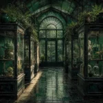 Glasshouse Ritual Empty Tiled Aisle Lined With Glass Cabinets Green Sunroom Wall Art