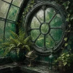 Glasshouse Study Circular Conservatory Window Beaded With Water Green Bedroom Wall Art