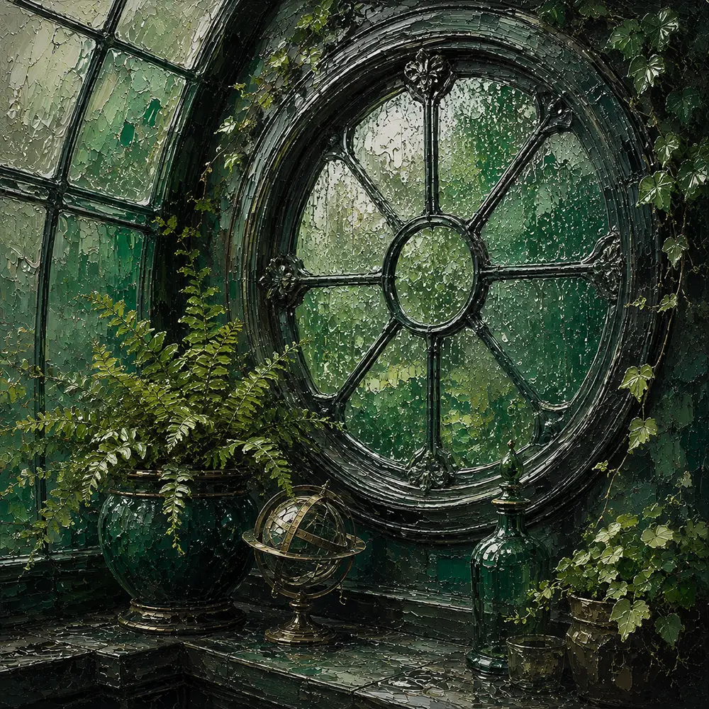 Glasshouse Study Circular Conservatory Window Beaded With Water Green Bedroom Wall Art