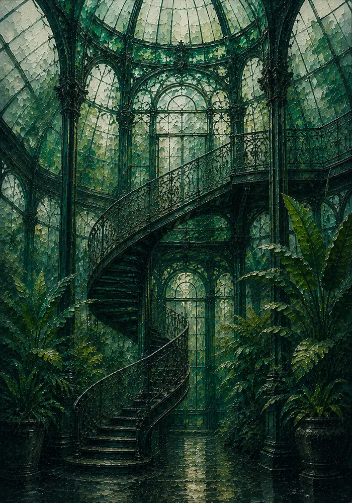 Glasshouse Threshold Wrought-Iron Staircase Green Living Room Wall Art