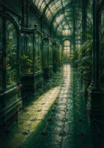 Glasshouse Reliquary Empty Tiled Aisle Lined With Glass Cabinets Green Sunroom Wall Art