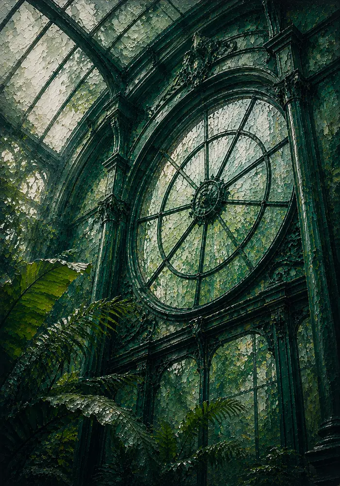 Glasshouse Portrait Circular Conservatory Window Beaded With Water Green Bedroom Wall Art