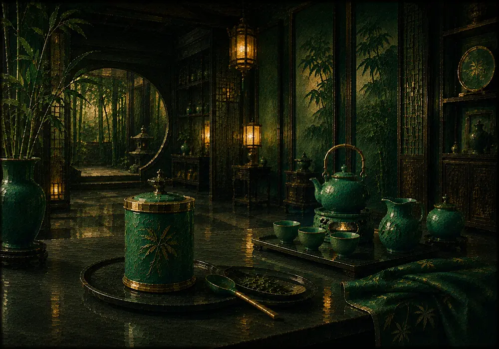 Jade Chronicle Carved Tea Caddy With A Ceremonial Scoop Green Kitchen Wall Art