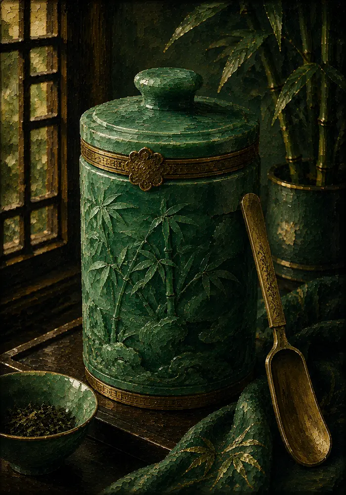 Jade Reliquary Carved Tea Caddy With A Ceremonial Scoop Green Kitchen Wall Art