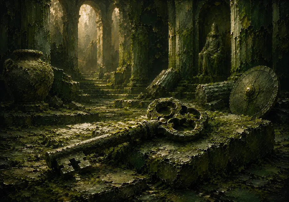 Mossbound Procession Ancient Key Half-Covered In Moss Green Entryway Wall Art