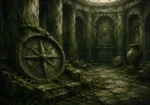 Mossbound Chronicle Weathered Compass Embedded In Green Growth Green Home Office Wall Art