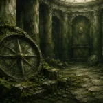 Mossbound Chronicle Weathered Compass Embedded In Green Growth Green Home Office Wall Art