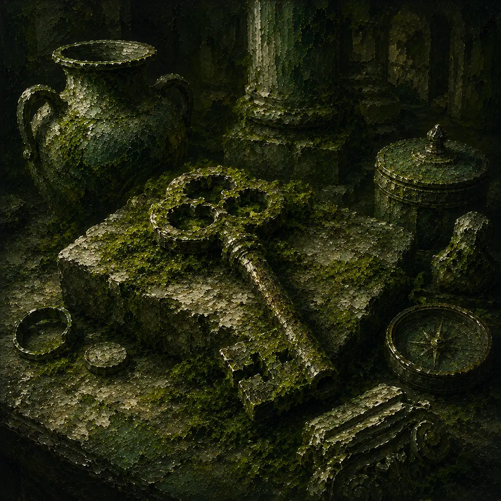 Mossbound Cabinet Ancient Key Half-Covered In Moss Green Entryway Wall Art