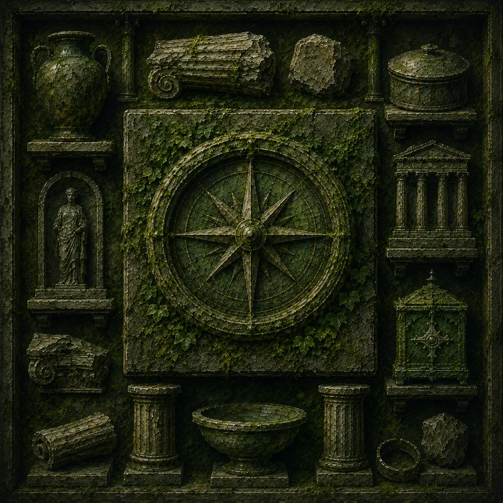 Mossbound Ritual Weathered Compass Embedded In Green Growth Green Home Office Wall Art