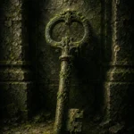 Mossbound Sentinel Ancient Key Half-Covered In Moss Green Entryway Wall Art