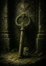 Mossbound Sentinel Ancient Key Half-Covered In Moss Green Entryway Wall Art